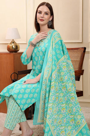 Sea Green Floral Printed Cotton Straight Cut Suit Set