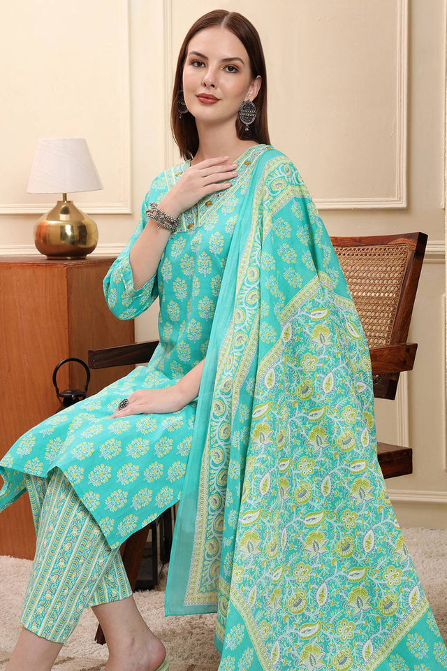 Sea Green Floral Printed Cotton Straight Cut Suit Set