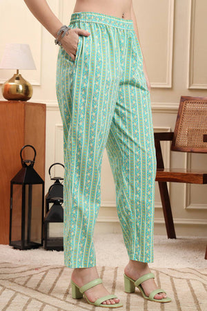 Sea Green Floral Printed Cotton Straight Cut Suit Set