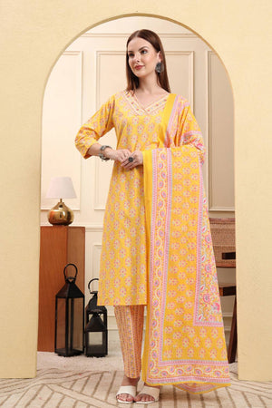 Yellow Floral Printed Cotton Straight Cut Suit Set