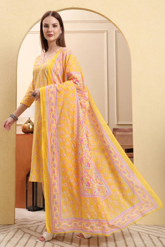 Yellow Floral Printed Cotton Straight Cut Suit Set
