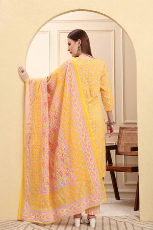 Yellow Floral Printed Cotton Straight Cut Suit Set