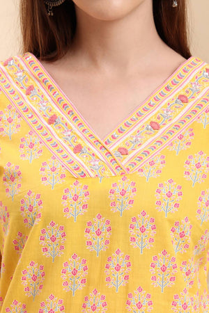 Yellow Floral Printed Cotton Straight Cut Suit Set