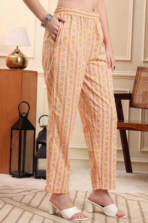 Yellow Floral Printed Cotton Straight Cut Suit Set