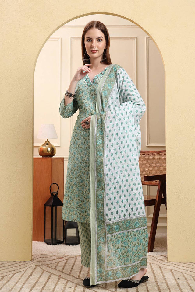 Green Floral Printed Cotton Straight Cut Suit Set