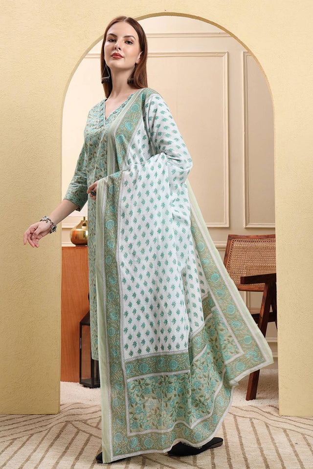 Green Floral Printed Cotton Straight Cut Suit Set