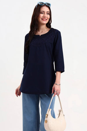 Navy Blue Embroidered Cotton Tops & Tunics