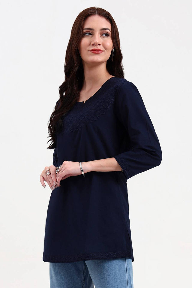 Navy Blue Embroidered Cotton Tops & Tunics
