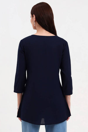 Navy Blue Embroidered Cotton Tops & Tunics