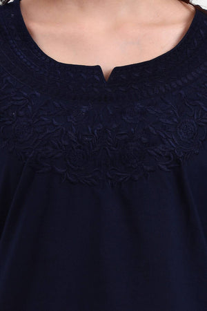 Navy Blue Embroidered Cotton Tops & Tunics