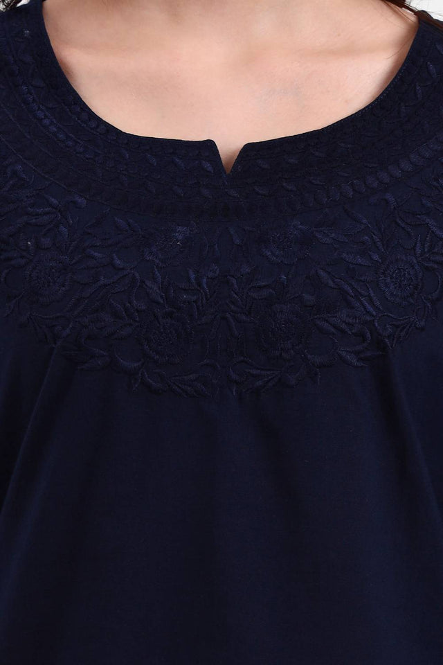 Navy Blue Embroidered Cotton Tops & Tunics