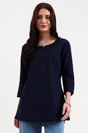 Navy Blue Embroidered Cotton Tops & Tunics