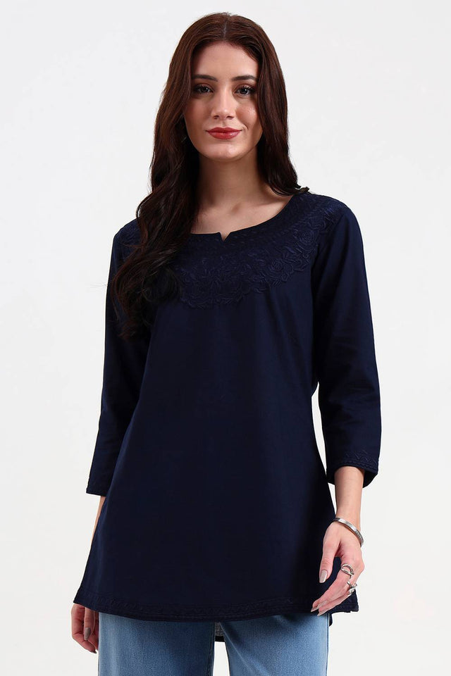 Navy Blue Embroidered Cotton Tops & Tunics