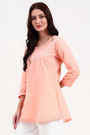 Peach Embroidered Cotton Tops & Tunics