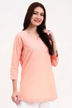 Peach Embroidered Cotton Tops & Tunics