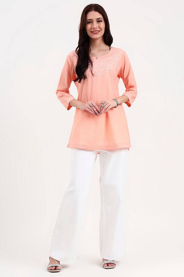 Peach Embroidered Cotton Tops & Tunics