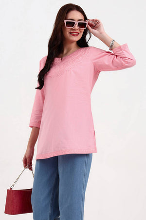 Pink Embroidered Cotton Tops & Tunics
