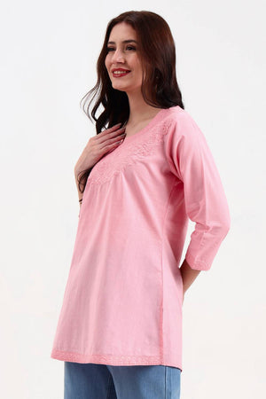 Pink Embroidered Cotton Tops & Tunics