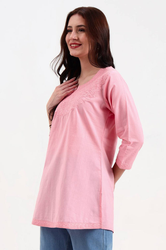 Pink Embroidered Cotton Tops & Tunics