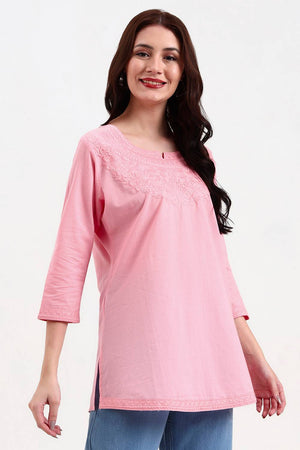 Pink Embroidered Cotton Tops & Tunics