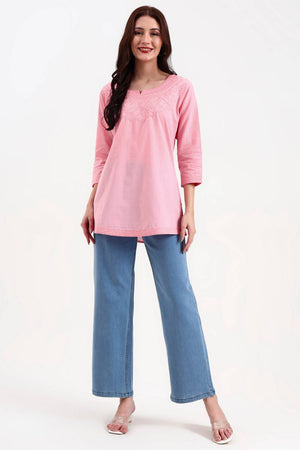 Pink Embroidered Cotton Tops & Tunics