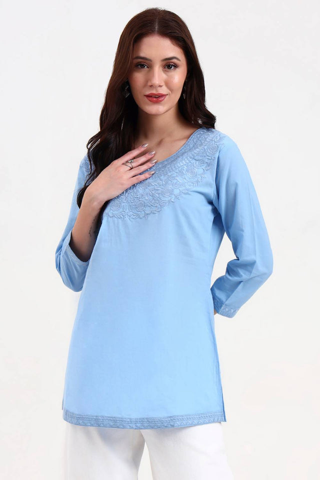Blue Embroidered Cotton Tops & Tunics