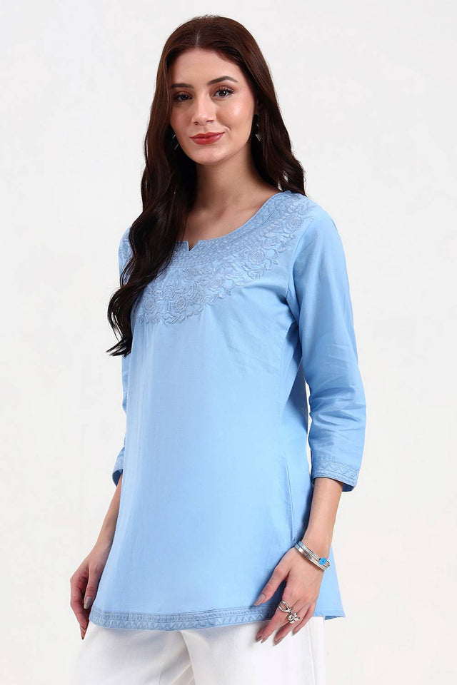 Blue Embroidered Cotton Tops & Tunics