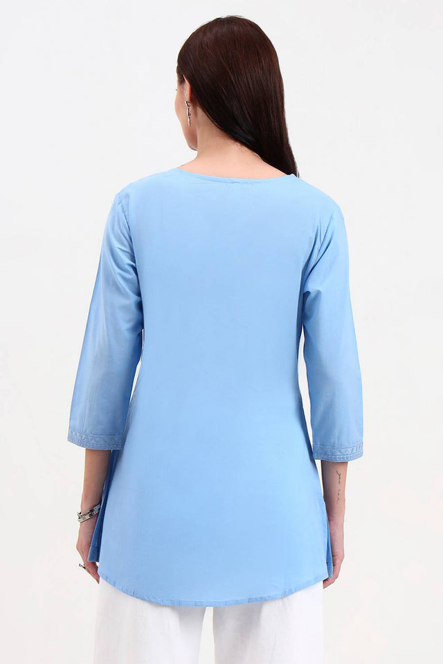 Blue Embroidered Cotton Tops & Tunics