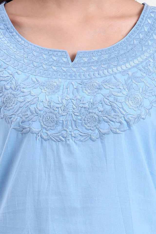 Blue Embroidered Cotton Tops & Tunics