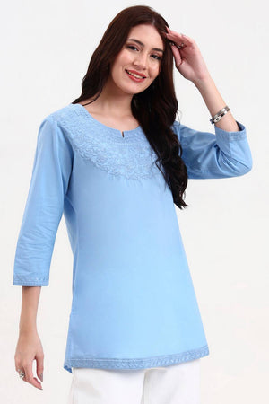 Blue Embroidered Cotton Tops & Tunics