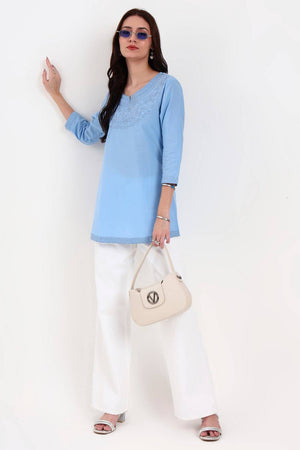 Blue Embroidered Cotton Tops & Tunics