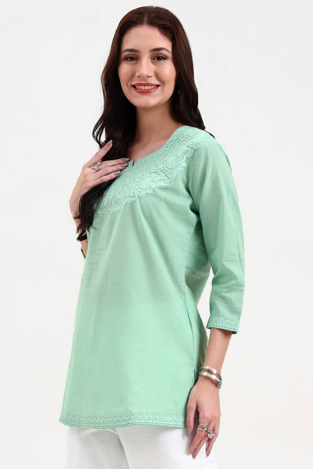 Sea Green Embroidered Cotton Tops & Tunics
