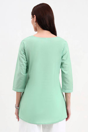 Sea Green Embroidered Cotton Tops & Tunics