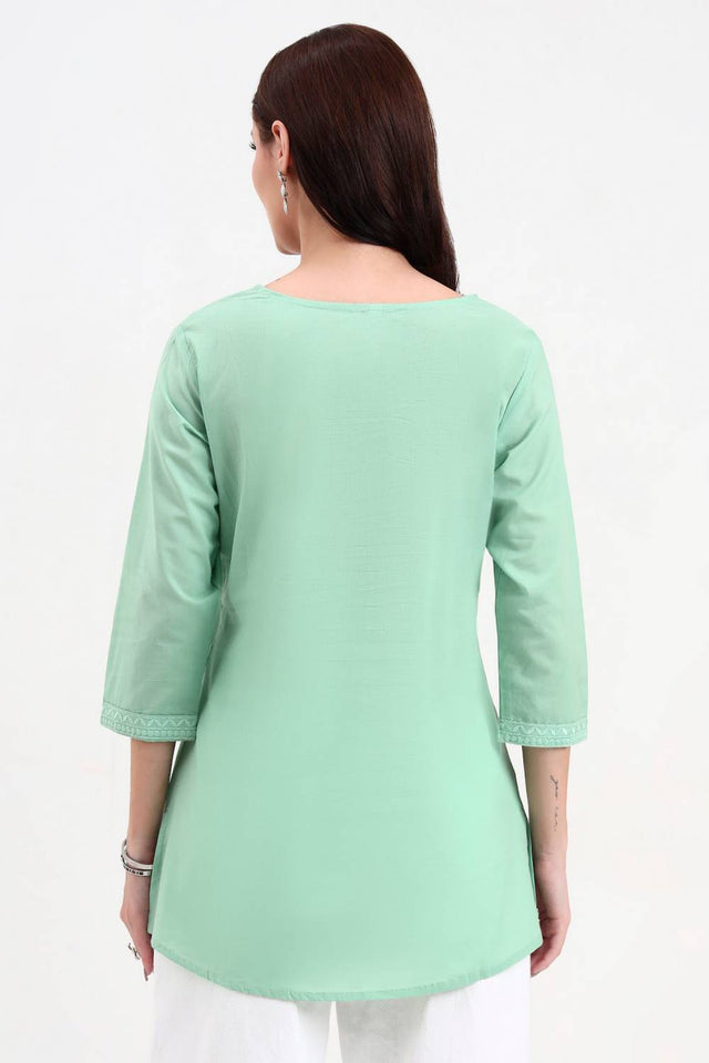 Sea Green Embroidered Cotton Tops & Tunics