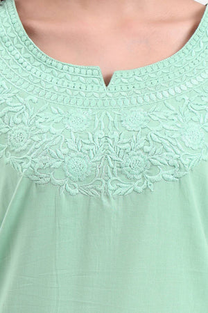 Sea Green Embroidered Cotton Tops & Tunics