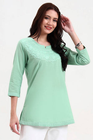 Sea Green Embroidered Cotton Tops & Tunics