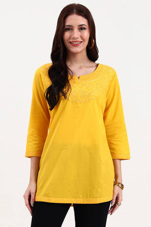 Yellow Embroidered Cotton Tops & Tunics