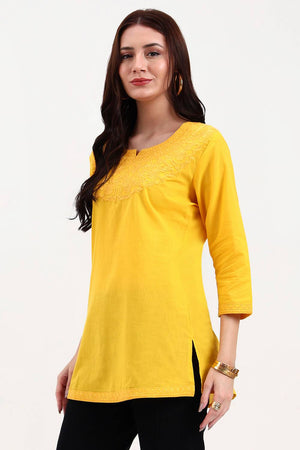 Yellow Embroidered Cotton Tops & Tunics