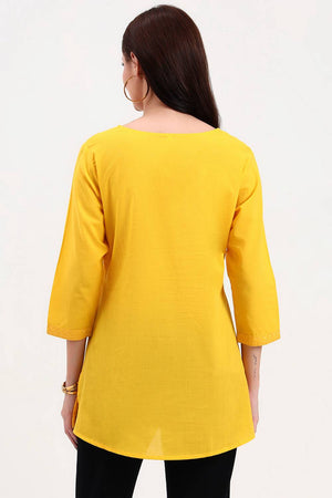 Yellow Embroidered Cotton Tops & Tunics