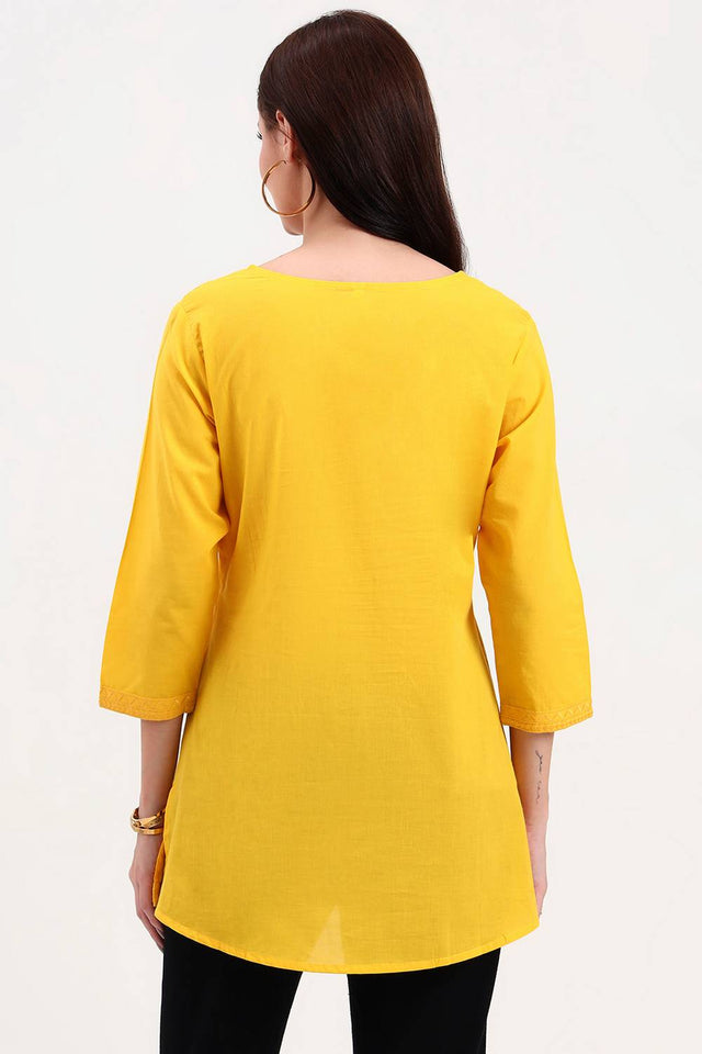 Yellow Embroidered Cotton Tops & Tunics