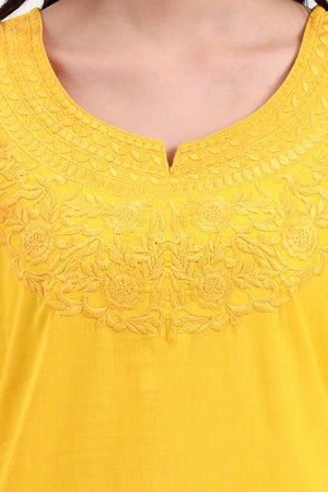Yellow Embroidered Cotton Tops & Tunics