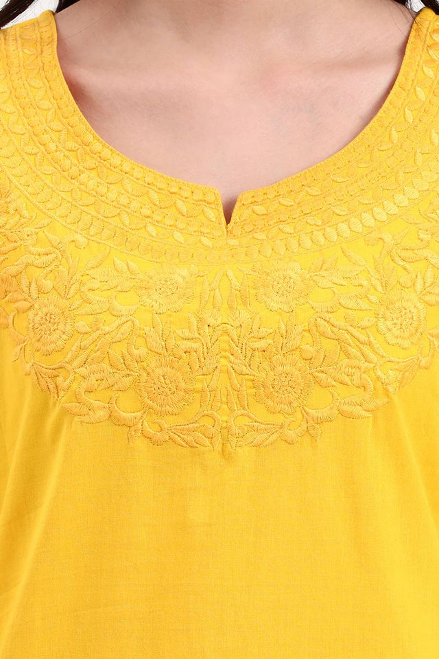 Yellow Embroidered Cotton Tops & Tunics