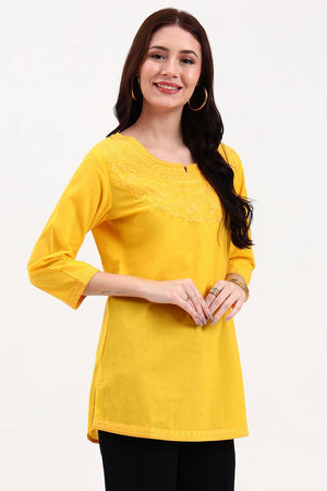 Yellow Embroidered Cotton Tops & Tunics