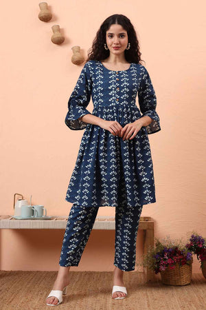Blue Printed Cotton Kurti Pant Set