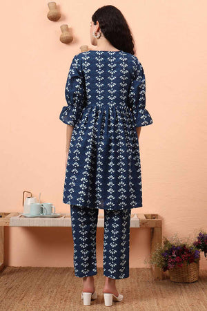 Blue Printed Cotton Kurti Pant Set