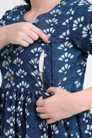 Blue Printed Cotton Kurti Pant Set