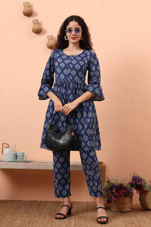 Blue Printed Cotton Kurti Pant Set