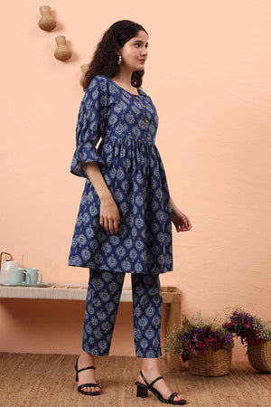 Blue Printed Cotton Kurti Pant Set