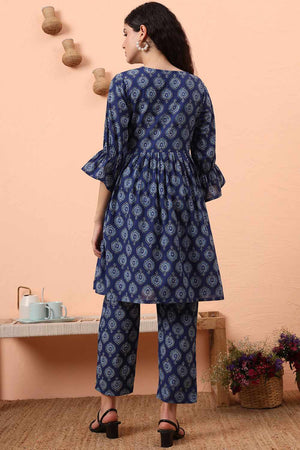 Blue Printed Cotton Kurti Pant Set