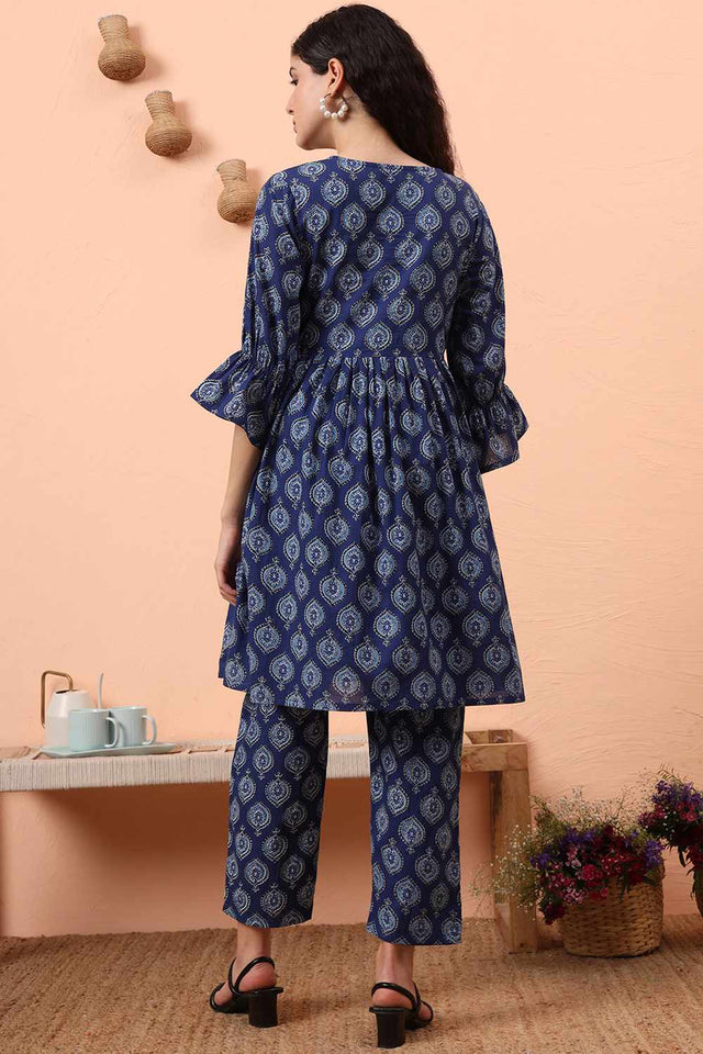 Blue Printed Cotton Kurti Pant Set